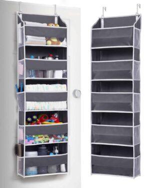 Over-the-Door Hanging Organizer – 5 Large Pockets + 10 Mesh Side Pockets, Clear Window, Heavy-Duty 44 lb Capacity, for Toys, Shoes, Diapers & More, 5-Layer Storage (Dark Grey)