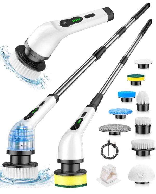 Electric Spin Scrubber Cordless Cleaning Brush – 9 Heads, Waterproof, for Bathroom, Floor, Tile & Car (White)