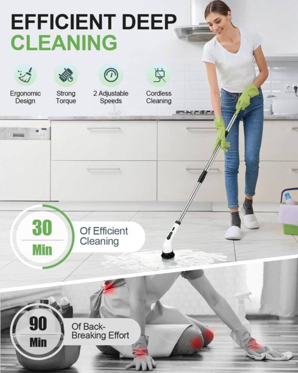 Electric Spin Scrubber – Cordless Power Cleaning Brush with 9 Replaceable Heads, 2-Speed, 2H Battery, Extendable Handle, IPX7 Waterproof for Bathroom, Floor, Tub, Tile & Car (White)