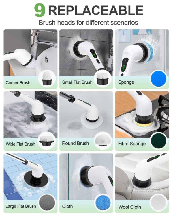 Electric Spin Scrubber – Cordless Power Cleaning Brush with 9 Replaceable Heads, 2-Speed, 2H Battery, Extendable Handle, IPX7 Waterproof for Bathroom, Floor, Tub, Tile & Car (White)