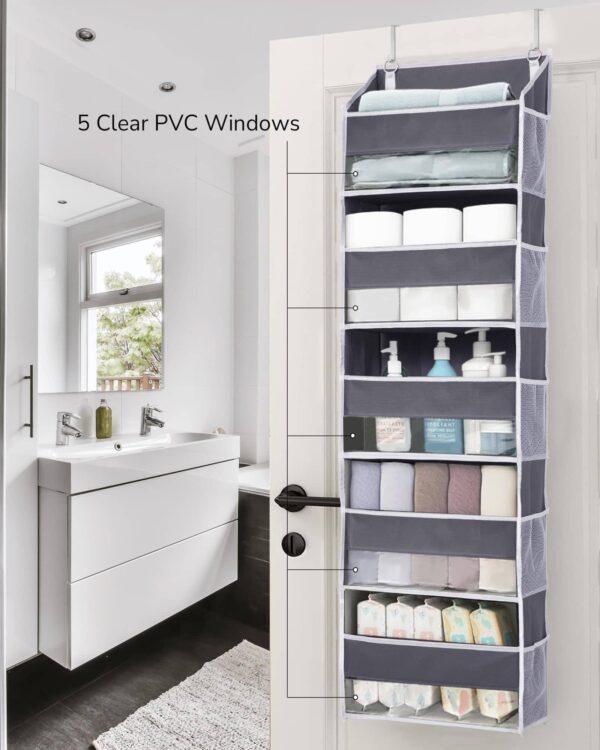 Over-the-Door Hanging Organizer – 5 Large Pockets + 10 Mesh Side Pockets, Clear Window, Heavy-Duty 44 lb Capacity, for Toys, Shoes, Diapers & More, 5-Layer Storage (Dark Grey)