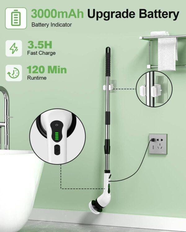 Electric Spin Scrubber – Cordless Power Cleaning Brush with 9 Replaceable Heads, 2-Speed, 2H Battery, Extendable Handle, IPX7 Waterproof for Bathroom, Floor, Tub, Tile & Car (White)