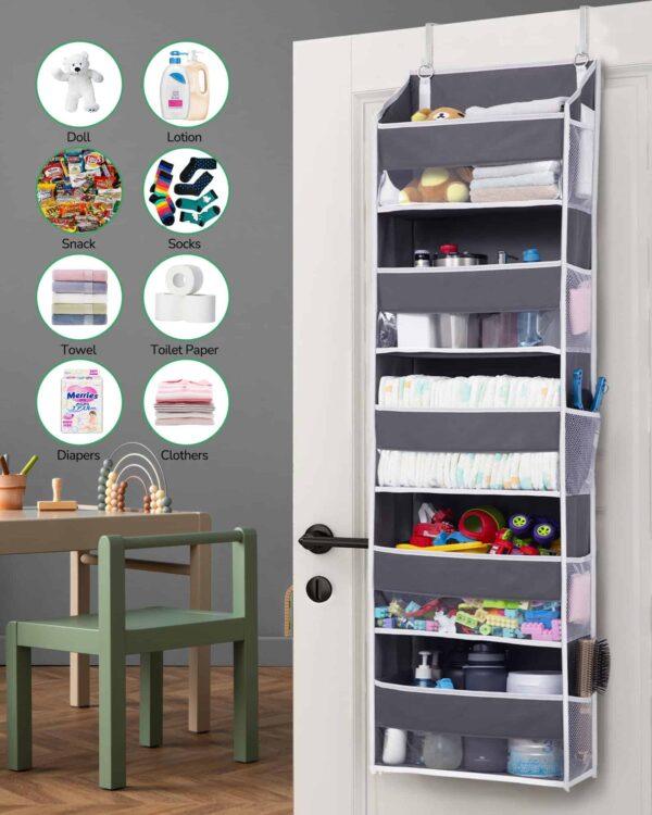 Over-the-Door Hanging Organizer – 5 Large Pockets + 10 Mesh Side Pockets, Clear Window, Heavy-Duty 44 lb Capacity, for Toys, Shoes, Diapers & More, 5-Layer Storage (Dark Grey)